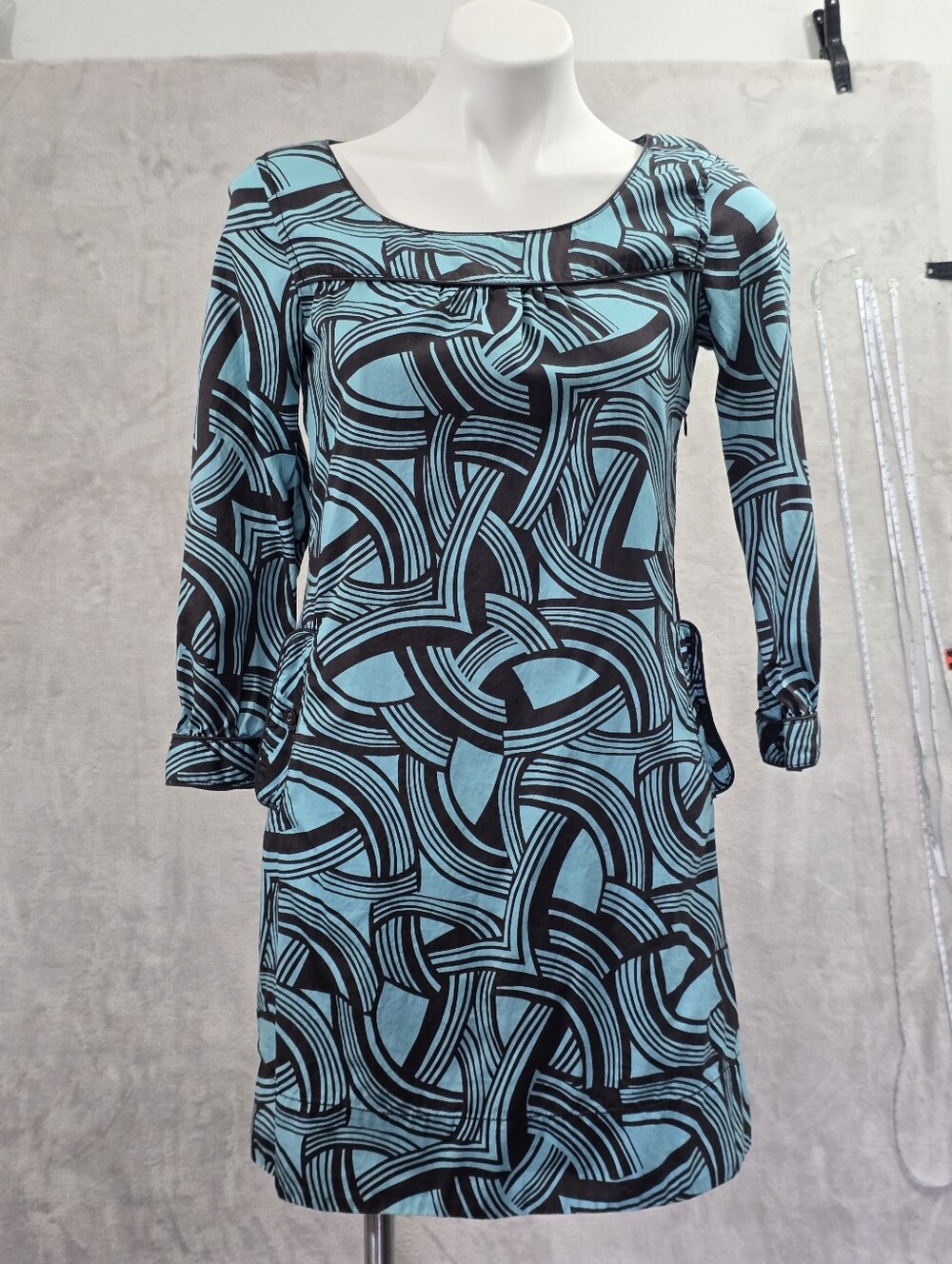Esprit Blue Black Geometric Shift Dress Pockets Long Sleeve Cotton Blend Sz 6